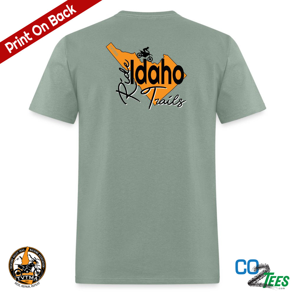 TVTMA Ride Idaho Trails, Logo on Chest, Emblem on Back, Unisex T-Shirt