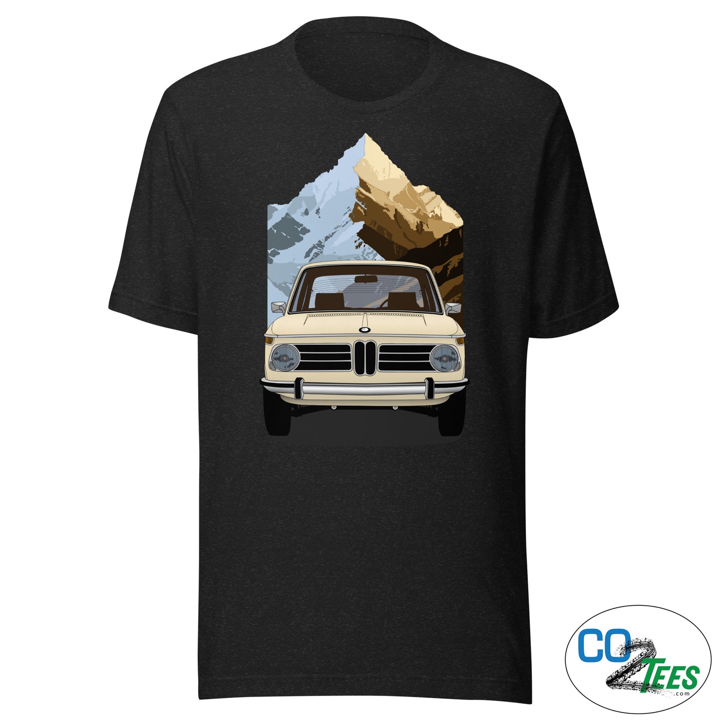 Black t-shirt with a graphic of a vintage car and mountains on a white background