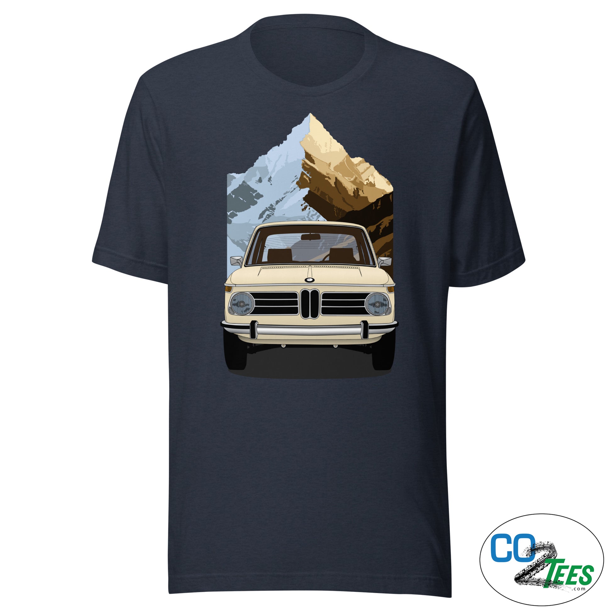 Navy blue t-shirt with a graphic of a vintage car and mountain landscape on a white background.