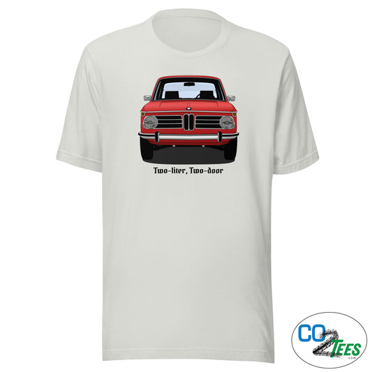 White t-shirt with a red BMW 2002