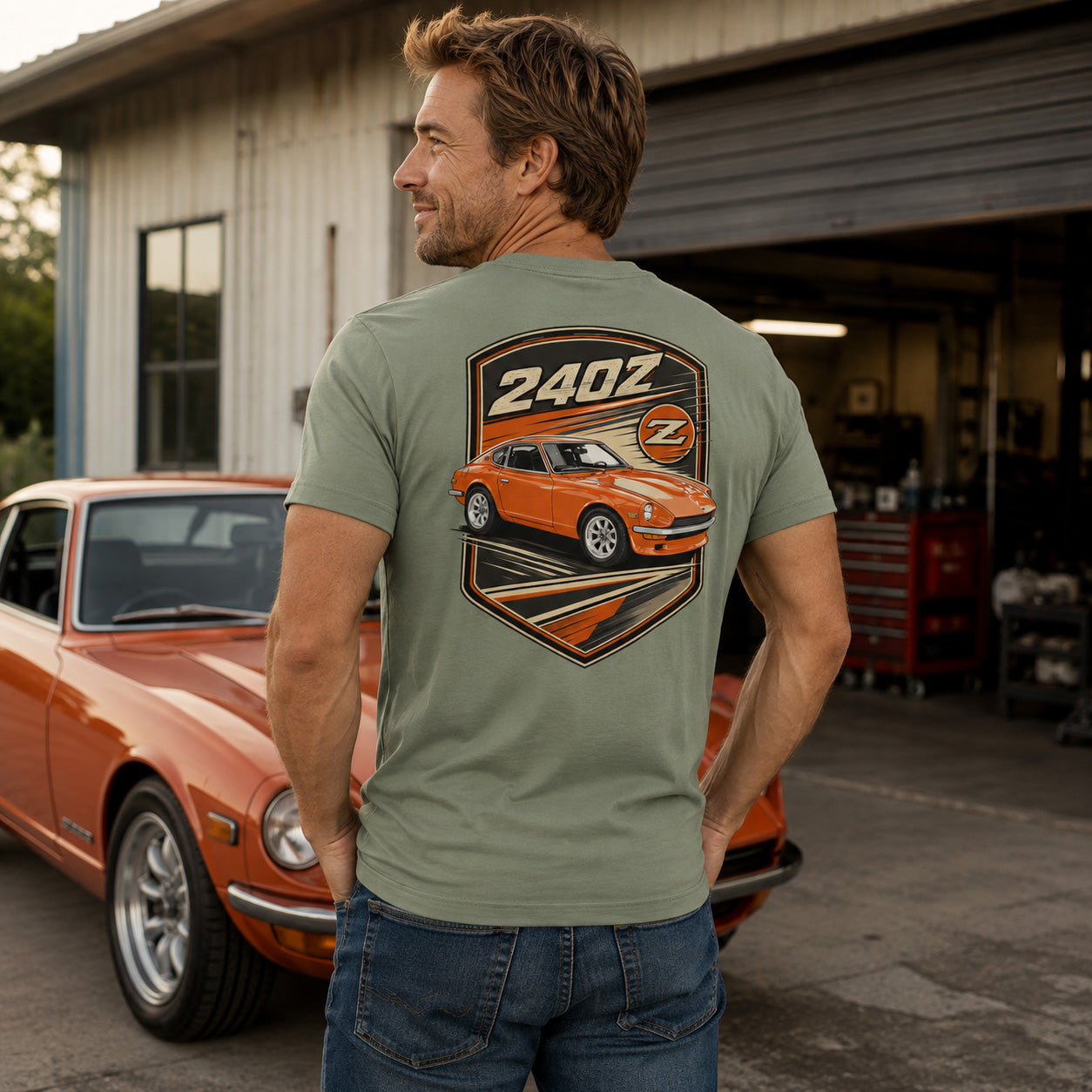 240z Persimmon Badge T-shirt, Printed Front & Back