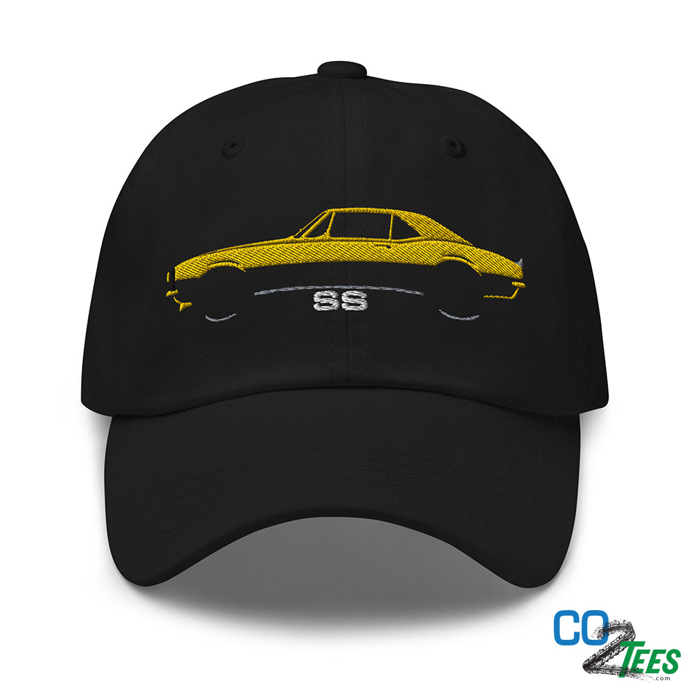 60 s Chevy Camaro SS Embroidered Black Cap Yellow w Black Stripe