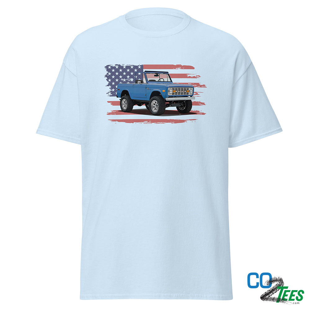 75 Blue Ford Bronco Flag T-shirt