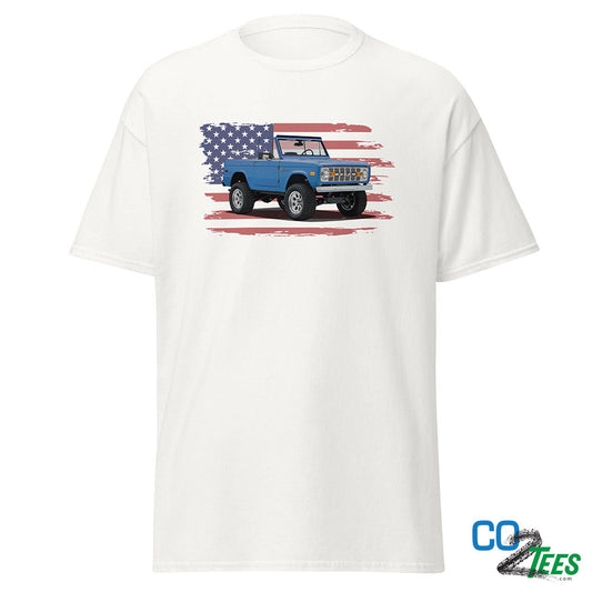 75 Blue Ford Bronco Flag T-shirt
